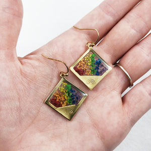 Square Rainbow Flower Pride Earrings in Gold, Silver, Brass